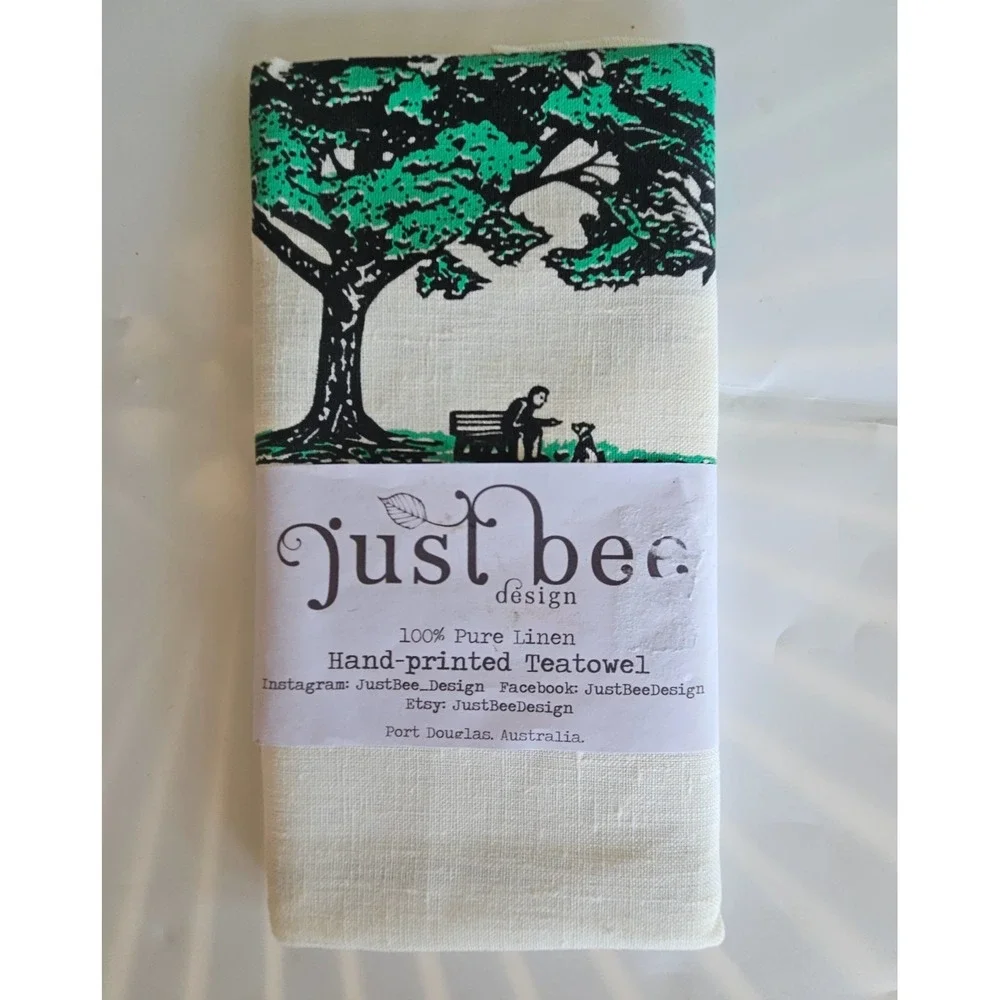 100% Linen Hand Printed Tea Towel Just Bee Design Tree w Dog Approx. 27